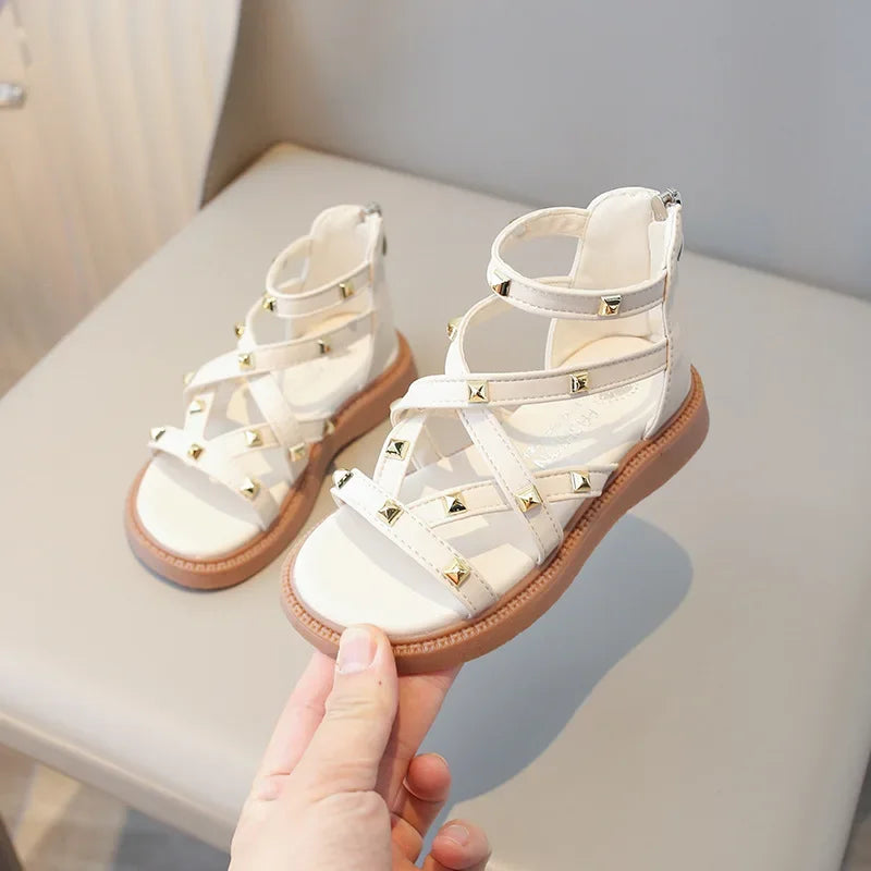 Summer Roman Sandals Girls Gladiator Boots High Top Fashion Princess Party Shoes Platform Rivets Kids Girl Beach Shoes I03221