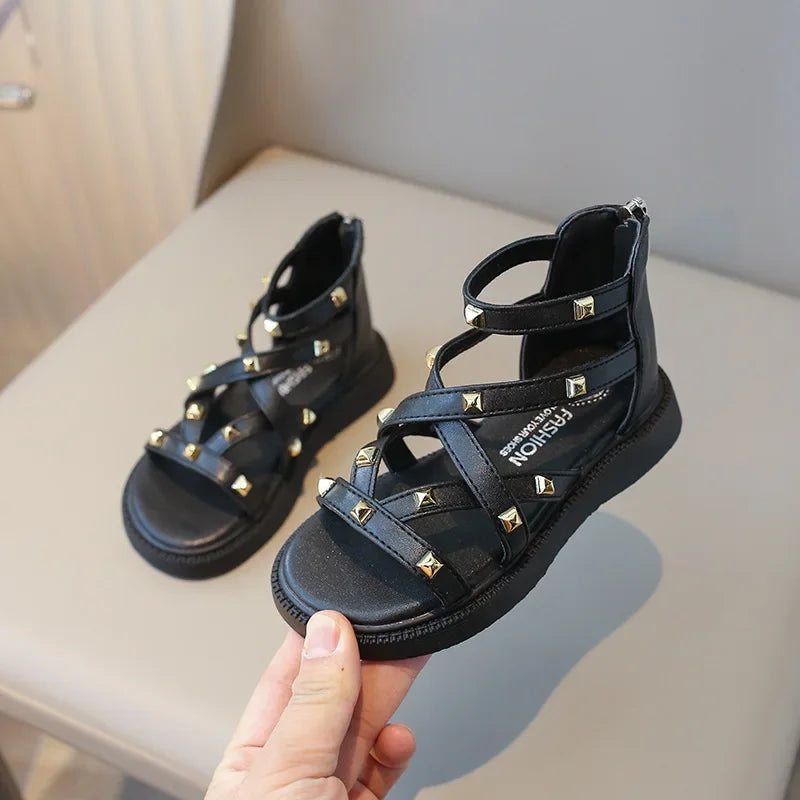 Summer Roman Sandals Girls Gladiator Boots High Top Fashion Princess Party Shoes Platform Rivets Kids Girl Beach Shoes I03221